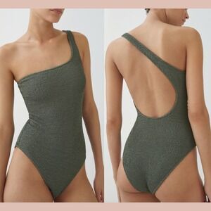 NEW $90 MANGO MNG [‎ Large US ] Asymmetrical Textured Swimsuit Olive Green U1355